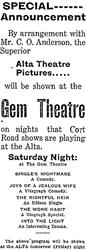 Advertisement for the Gem and Alta theatres in Brigham City, Utah - , Utah