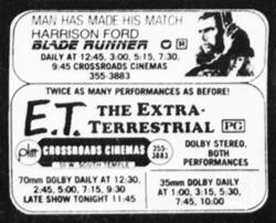 Newspaper ad for the Crossroads Cinemas, with 'E. T.' and 'Blade Runner'. - , Utah