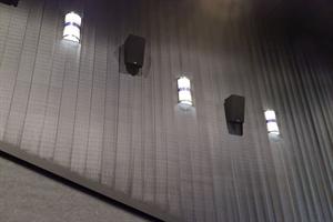 Lights alternate with surround speakers on the side wall of Theater 4. - , Utah