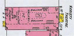 A basic floorplan for the Variety Theatre on an 1898 Sanborn fire insurance map.