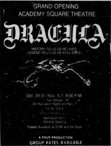 A "Grand Opening" advertisement for <em>Dracula </em>at the Academy Square Theatre in 1981.  The address is 550 North 100 East. - , Utah