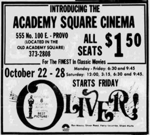 A 'Starts Friday' ad for Oliver! at the Academy Square Cinema, 'Located in the old Academy Square.'
