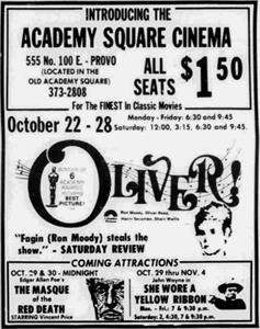 The opening day advertisement for the Academy Square Theatre, "For the FINEST in Class Movies."  <em>Oliver!</em> played for a week, with all seats $1.50. - , Utah