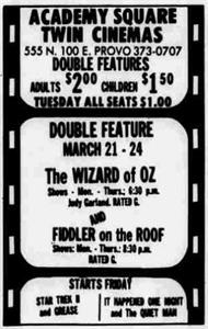 On 22 March 1983, the theater dropped the slogan, "The finest in classic movies," and started advertising its name as Academy Square Twin Cinemas. - , Utah