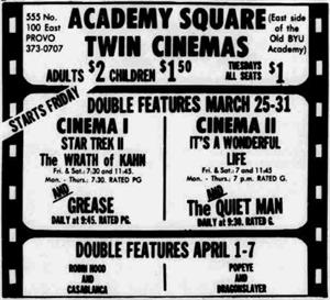 Starting 25 March 1983, Academy Square showed movies in Cinema I and Cinema II.  Movies played uninterrupted prior to the opening of the second screen, meaning an additional auditorium was brought into use. - , Utah