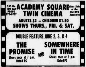 The last known ad as the Academy Square Twin Cinema published 3 June 1983, but with only one double feature listed. The other auditorium likely began showing live performances as the Academy Square Theatre. - , Utah