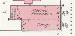 A 1911 Sanborn fire insurance map shows a 'moving pictures' business at 38 South State Street, with a stage and scenery. - , Utah