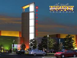 A rendering of the exterior of the Megaplex 14 at Legacy Crossing.