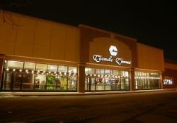 The entrance of the Carmike 12 by night.