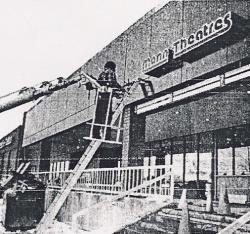 Installation of the theater's marquee before the theater opened. - , Utah