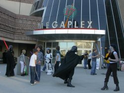 Several Star Wars fans duel with light sabers at the south entrance of the Megaplex 17 at Jordan Commons. - , Utah