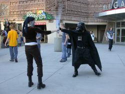 Darth Vader duels with a Jedi Knight outside the Mayan restaurant before the midnight showing of Star Wars: Episode III: Revenge of the Sith.
 - , Utah