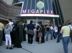 Star Wars fans gather outside the south entrance of the Megaplex 17 at Jordan Commons while waiting for the midnight showing of 'Star Wars: Episode II: Revenge of the Sith'.