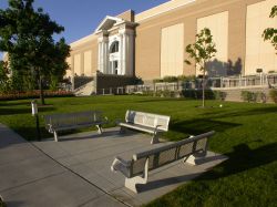 Park benches along the State Street side of the Megaplex 17 at Jordan Commons. - , Utah