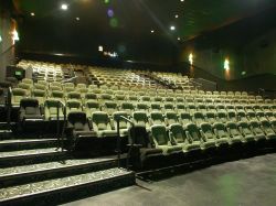 From the front corner of the theater, looking back.  The front seating section has no center aisles.