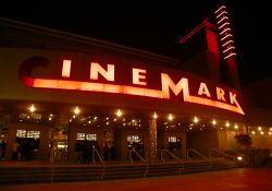 The entrance and marquee of the Cinemark 24 at Jordan Landing.