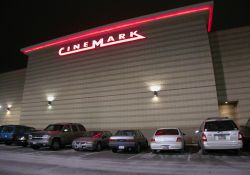Cinemark logo and neon lighting on the south exterior wall. - , Utah