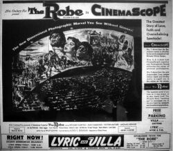 A drawing in the opening day ad for The Robe shows a very exaggerated curve for theaters' new CinemaScope screens. - , Utah