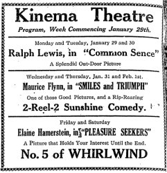 Newspaper advertisement for the Kinema Theatre in 1923.