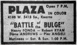 The Plaza was built for 3-projector Cinerama, but it is doubtful the theater ever showed any films in Cinerama.  'Battle of the Bulge' played in 70mm Cinerama at the Villa Theatre, but the ad for the film at the Plaza Theater only mentions 'in color'. - , Utah