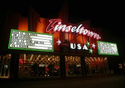 The marquee and attraction boards of the Tinseltown, USA at night. - , Utah