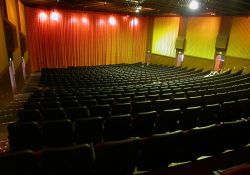 Trolley Corners Theater 1, from the back left corner looking down at the screen curtains.