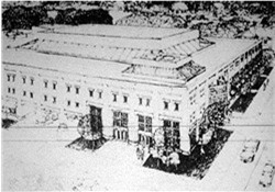 An artist's drawing of the Trolley Corners building before construction.  The drawing shows a triangular sign on the front of the theater rather than the flat sign that was actually built. - , Utah
