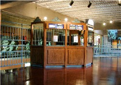 The Trolley Corners ticket booth.  The area behind the booth is open to the concession stand for theaters 2 & 3 on the level below.  
