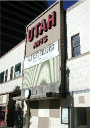 The entrance of the Utah Theatre was boarded up in 2001. - , Utah